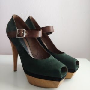 Marni Suede Green Brown Platform Peep-toe Pumps
